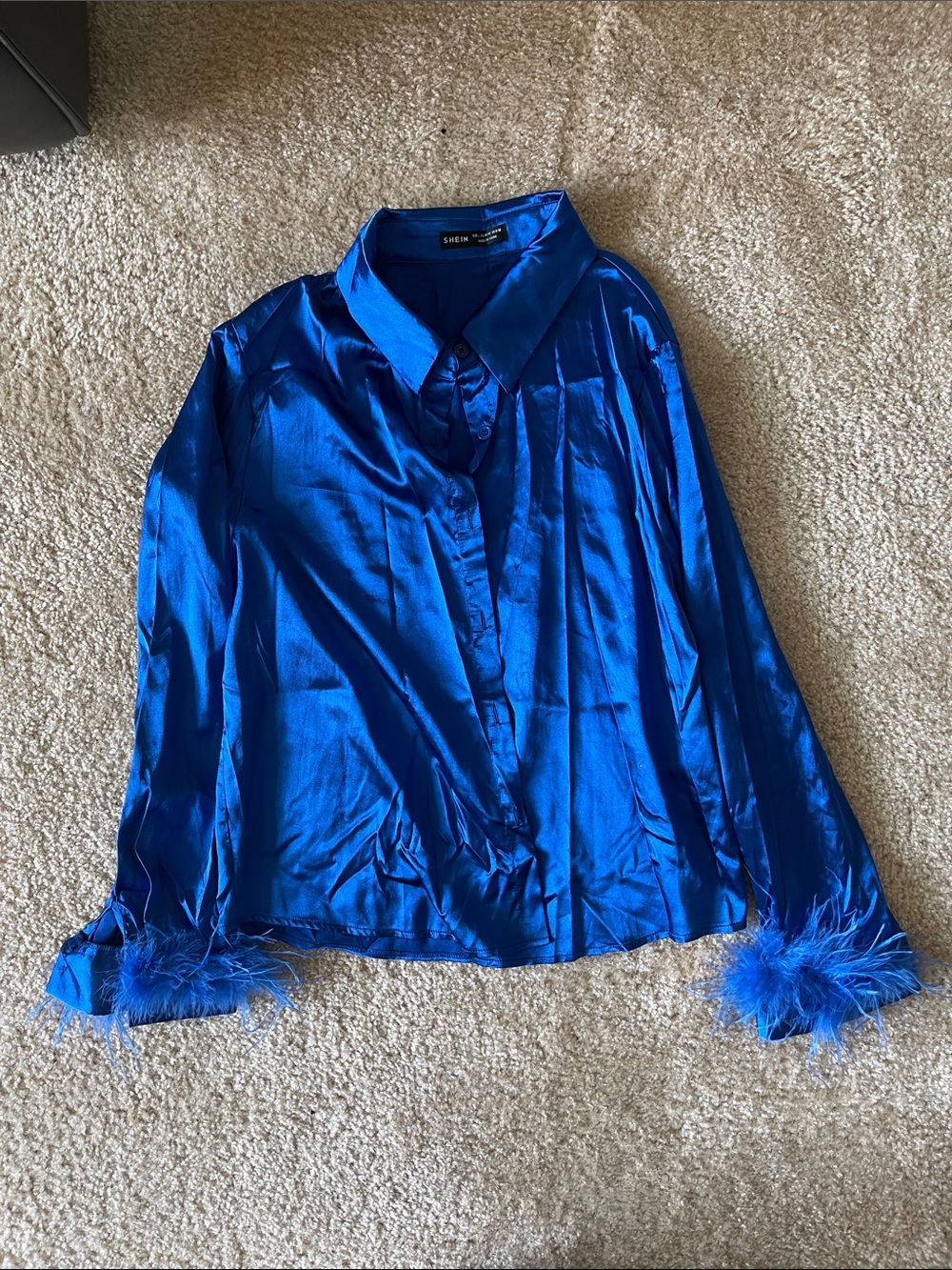Royal Blue Satin Button-Down Top with Feather Cuffs